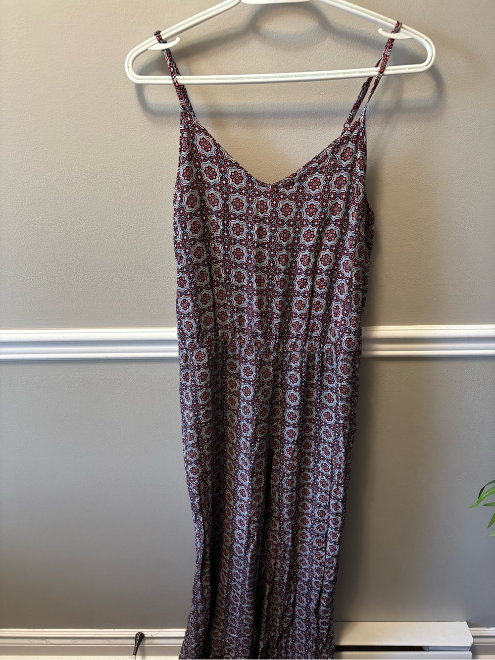 Women's Burgundy Patterned Spaghetti-Strap Jumpsuit